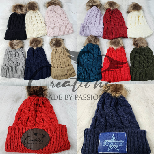 Puff Ball Beanie w/Leather Patch